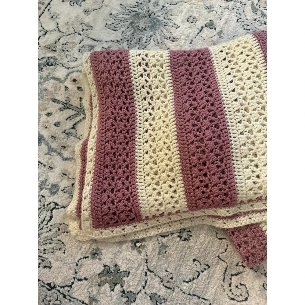Handmade Crochet Afghan – Stunning Pink & Ivory- Cottage Core Granny 65x65